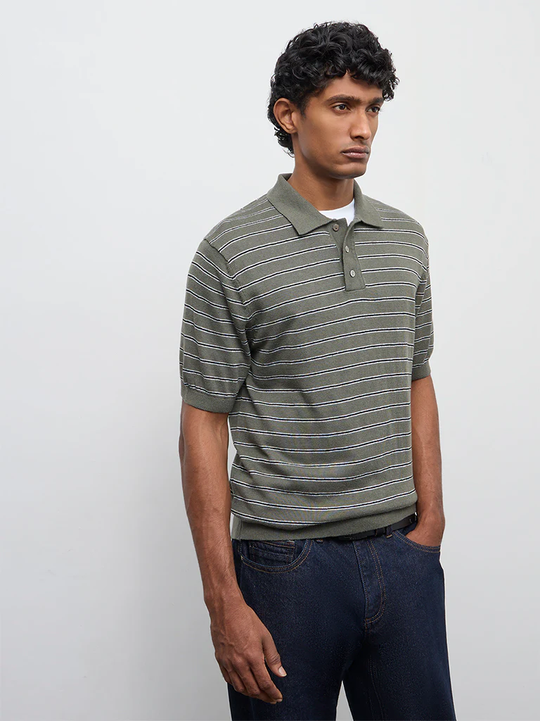 Ascot Olive Stripe Printed Relaxed-Fit Polo T-Shirt