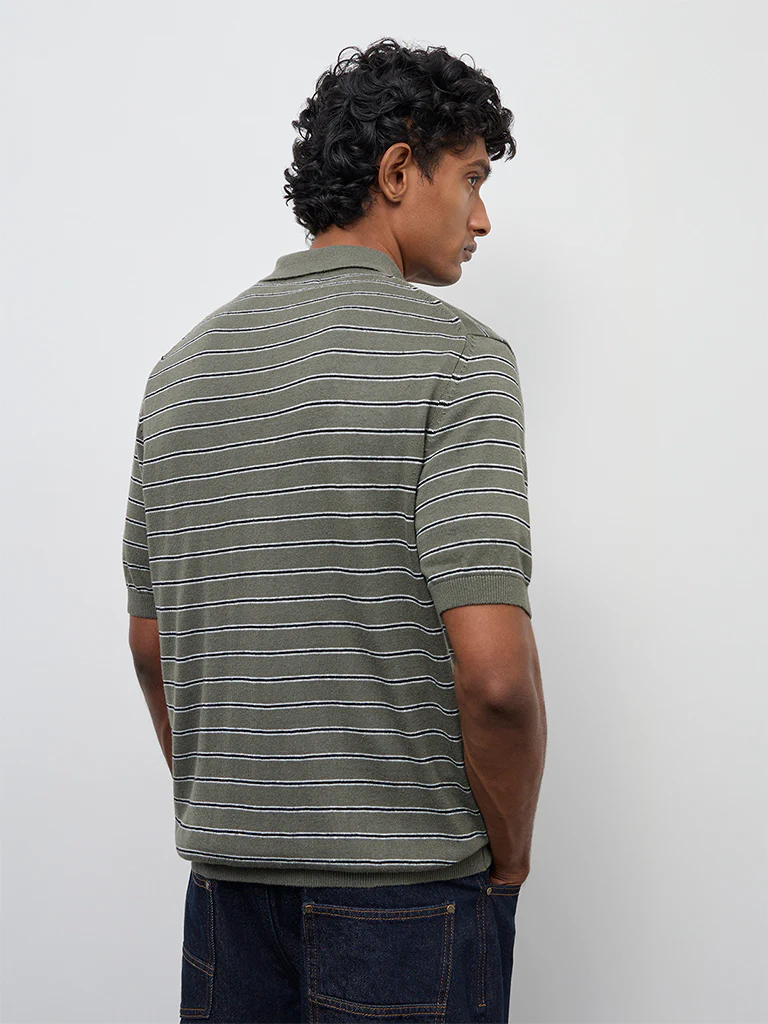 Ascot Olive Stripe Printed Relaxed-Fit Polo T-Shirt - Image 4