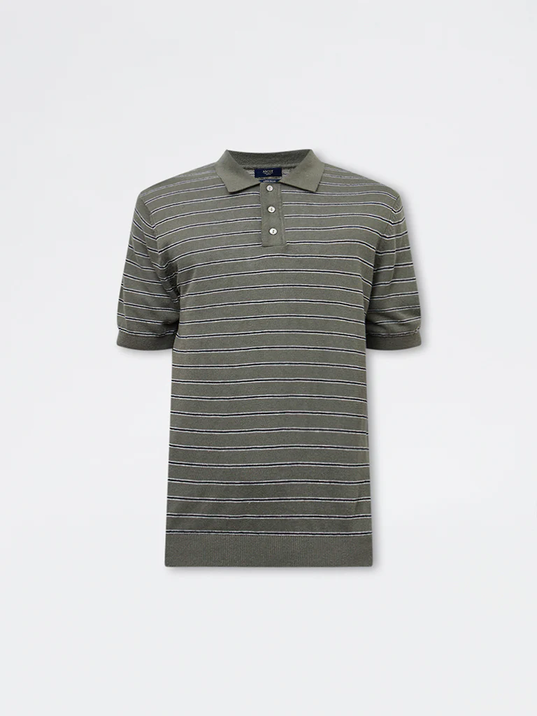 Ascot Olive Stripe Printed Relaxed-Fit Polo T-Shirt - Image 5