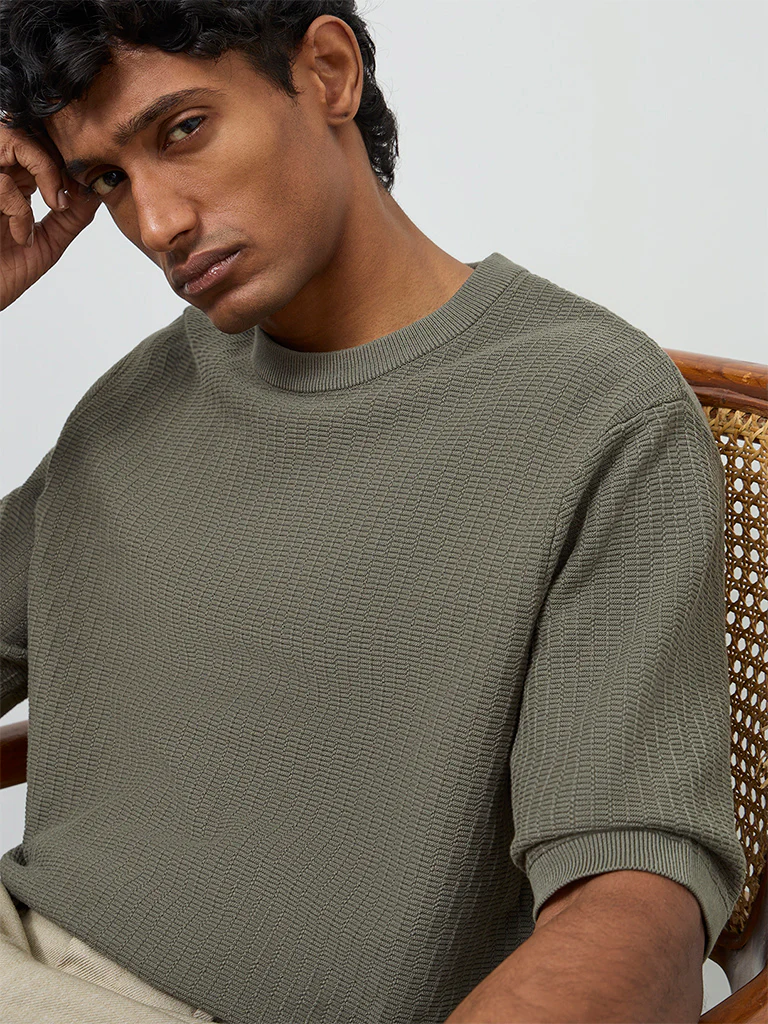 Ascot Olive Textured Relaxed-Fit Cotton T-Shirt - Image 4