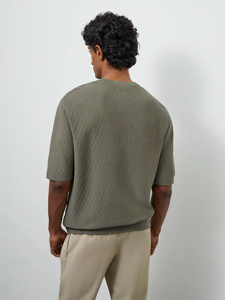 Ascot Olive Textured Relaxed-Fit Cotton T-Shirt - Image 5