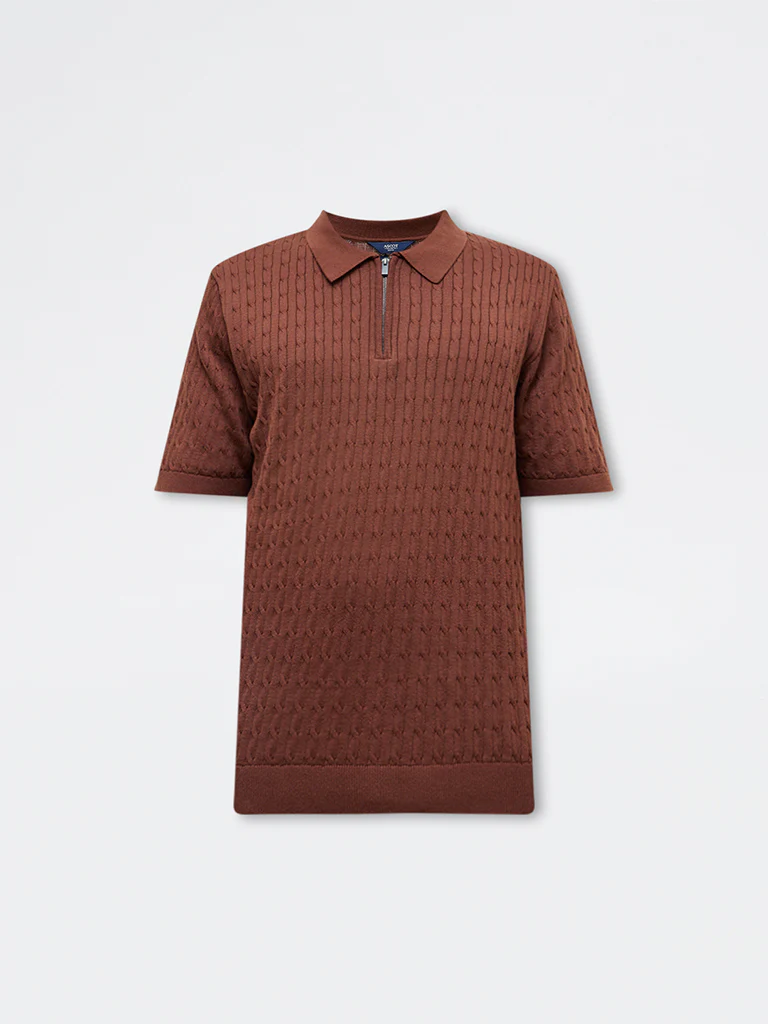 Ascot Rust Cable-Knit Relaxed-Fit Quarter-Zip Cotton Polo T-Shirt - Image 5