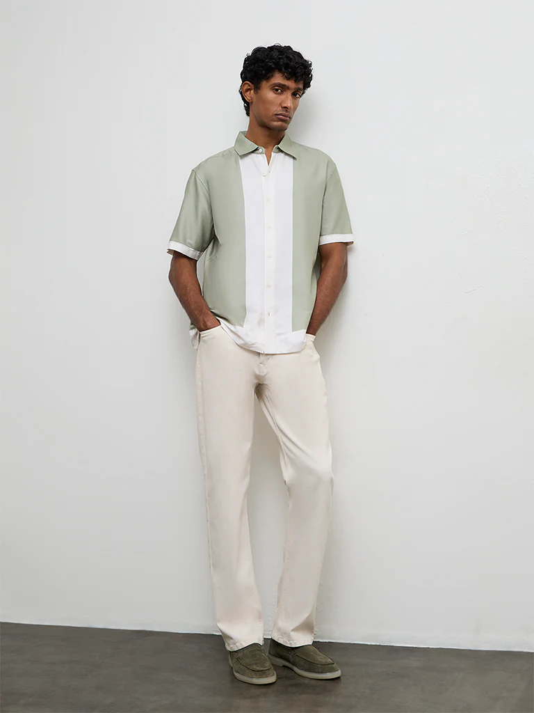 Ascot Sage Color-Blocked Relaxed-Fit Cotton-Blend Shirt