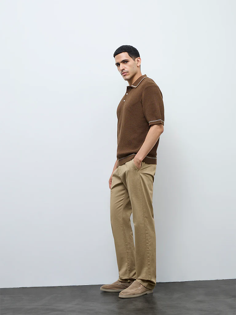 Ascot Tan Knit-Textured Relaxed-Fit Cotton-Blend Polo T-Shirt - Image 3
