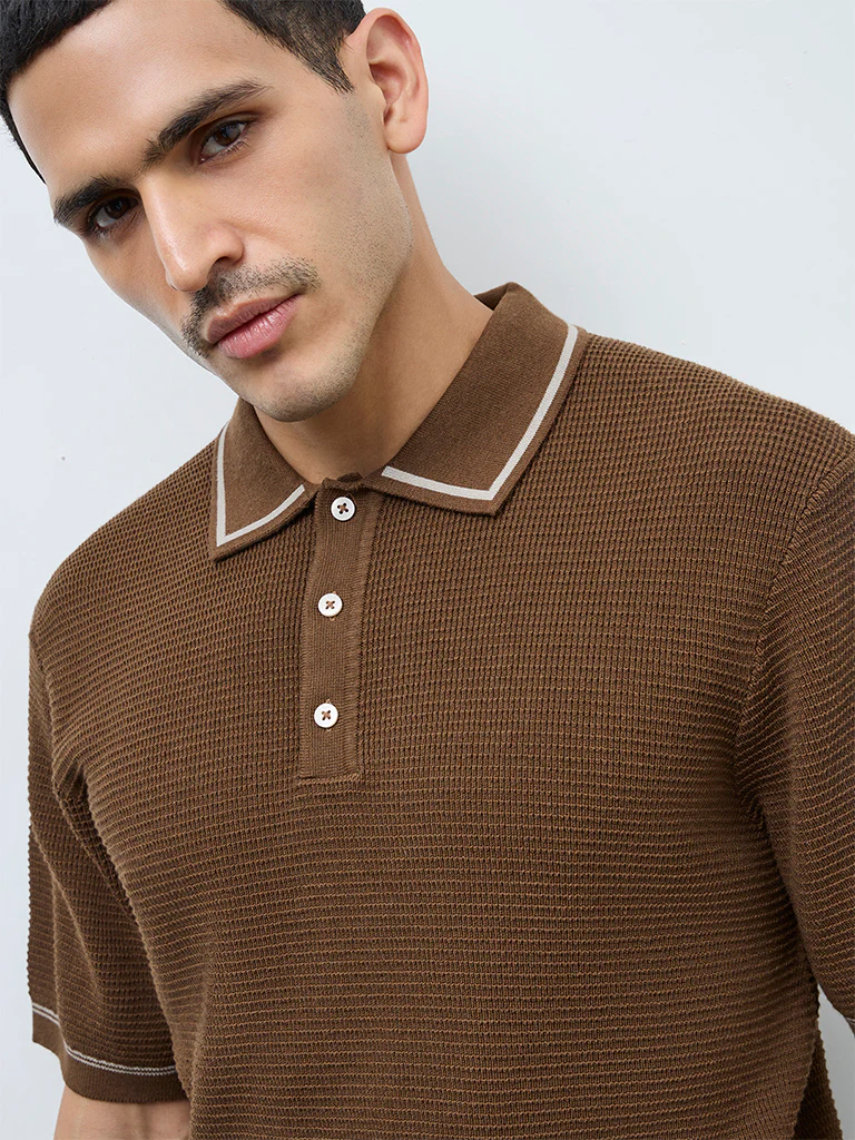 Ascot Tan Knit-Textured Relaxed-Fit Cotton-Blend Polo T-Shirt - Image 4