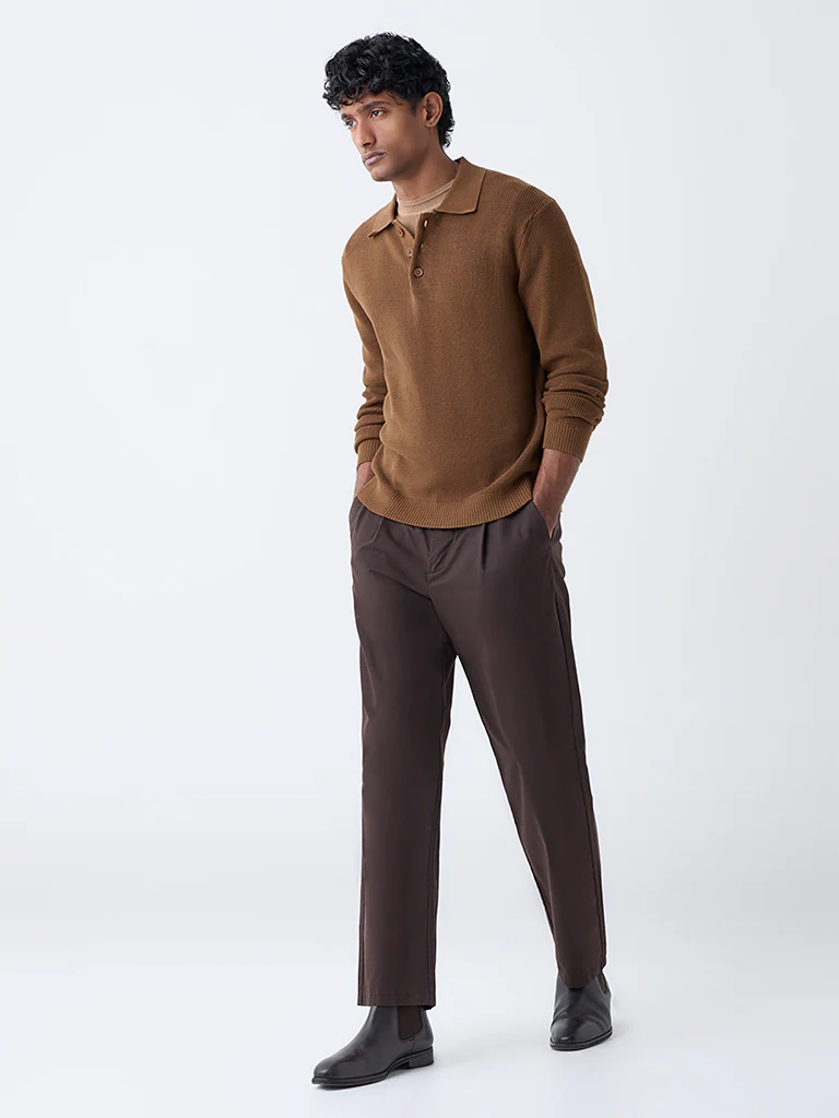 Ascot Tan Knit-Textured Relaxed-Fit Cotton Polo Sweater - Image 3