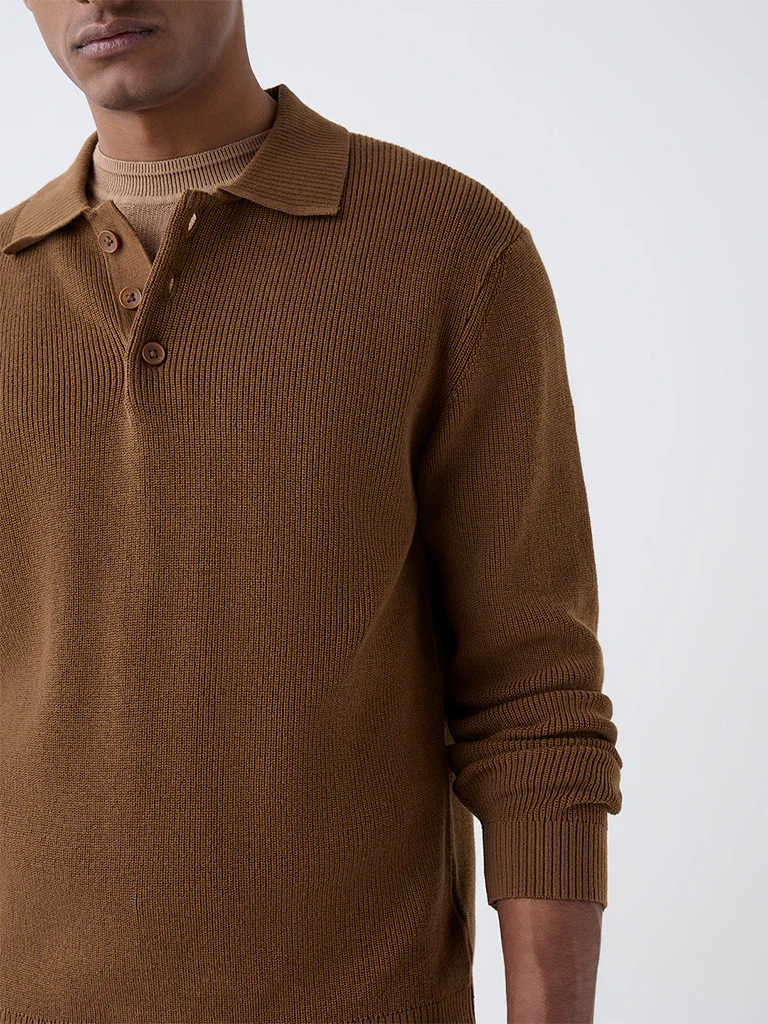 Ascot Tan Knit-Textured Relaxed-Fit Cotton Polo Sweater - Image 4