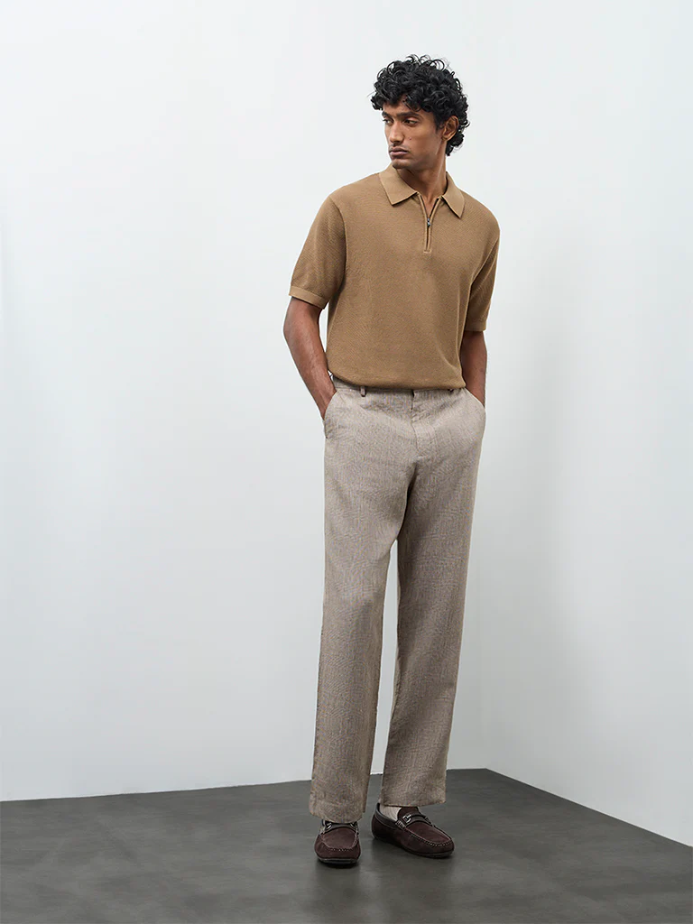 Ascot Tan Relaxed-Fit Cotton Quarter-Zip Polo T-Shirt - Image 3
