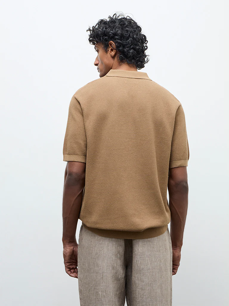 Ascot Tan Relaxed-Fit Cotton Quarter-Zip Polo T-Shirt - Image 5