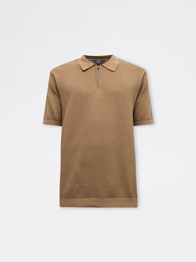Ascot Tan Relaxed-Fit Cotton Quarter-Zip Polo T-Shirt - Image 6