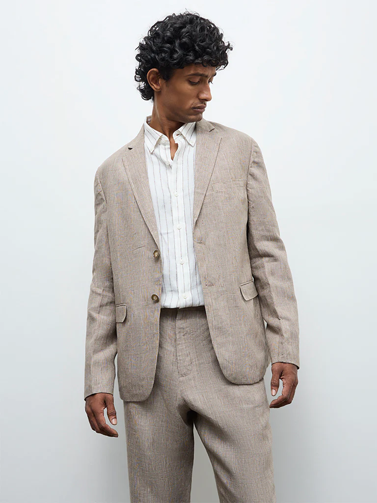 Ascot Taupe Checkered Relaxed-Fit Linen Blazer - Image 2
