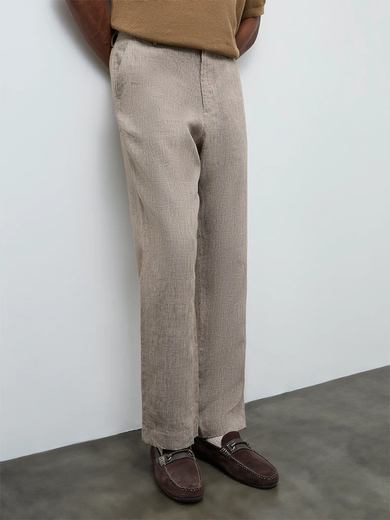 Ascot Taupe Checkered Relaxed-Fit Mid-Rise Linen Trousers - Image 2