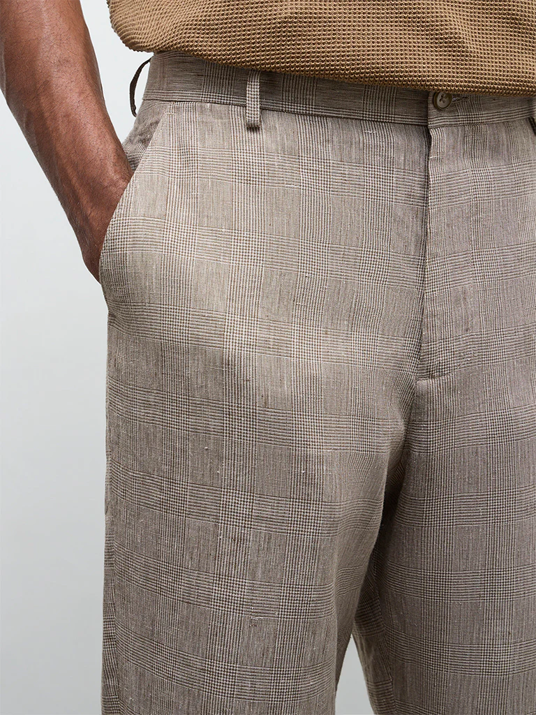 Ascot Taupe Checkered Relaxed-Fit Mid-Rise Linen Trousers - Image 3