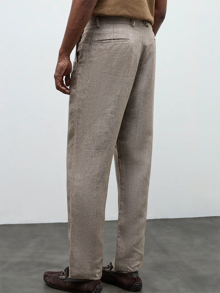 Ascot Taupe Checkered Relaxed-Fit Mid-Rise Linen Trousers - Image 4