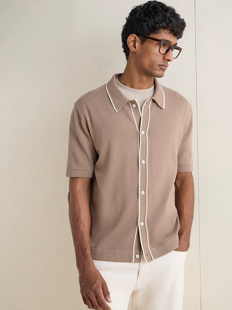 Ascot Taupe Knit Relaxed-Fit Cotton-Blend Polo Shirt - Image 2