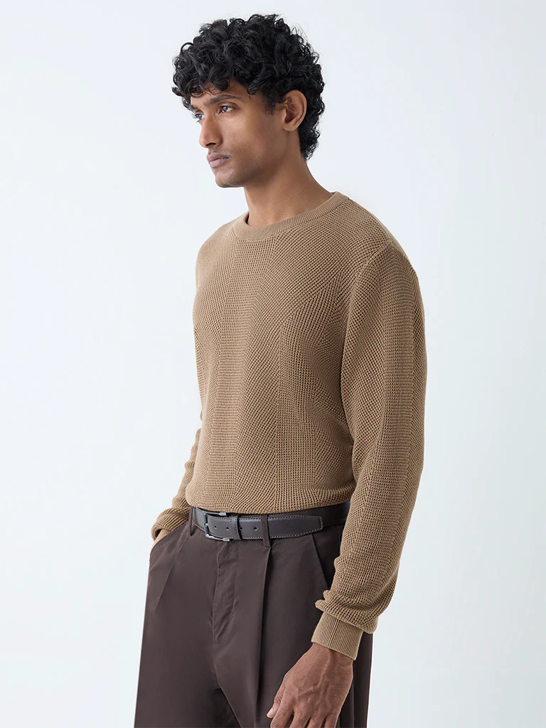 Ascot Taupe Knit-Textured Relaxed-Fit Cotton Sweater - Image 3