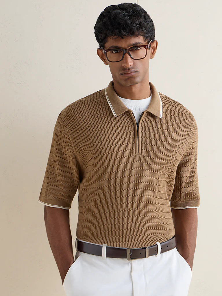 Ascot Taupe Relaxed-Fit Cotton Quarter-Zip Polo T-Shirt