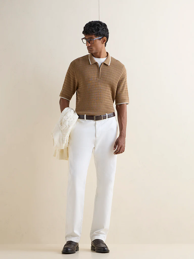 Ascot Taupe Relaxed-Fit Cotton Quarter-Zip Polo T-Shirt - Image 2