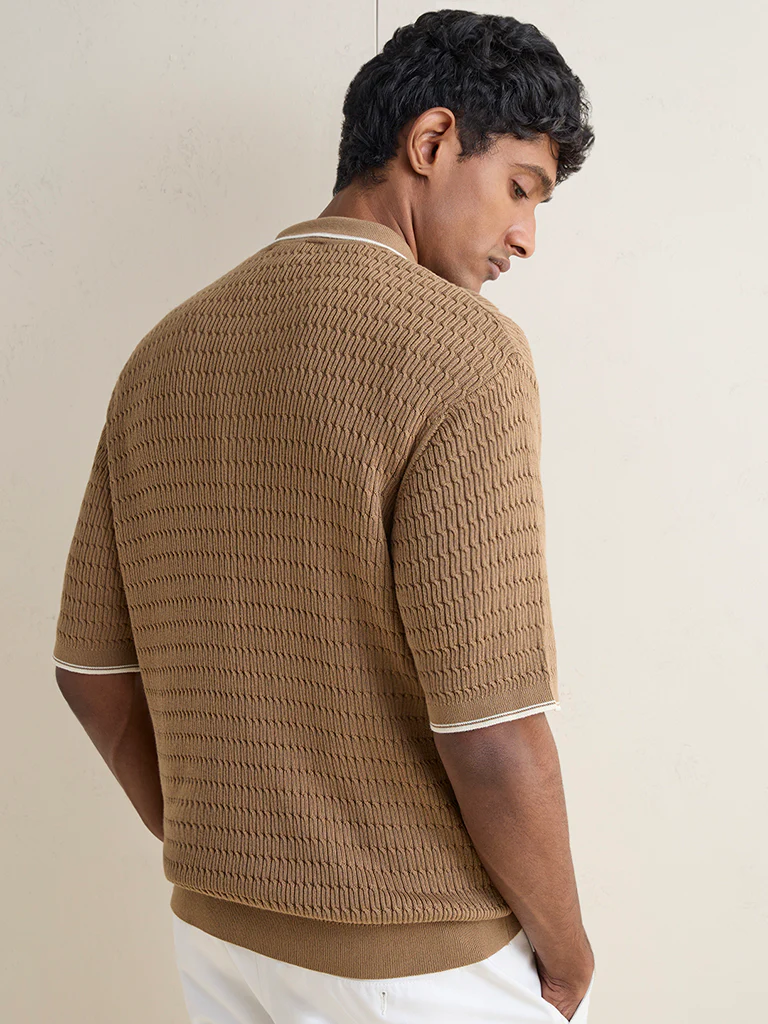 Ascot Taupe Relaxed-Fit Cotton Quarter-Zip Polo T-Shirt - Image 4