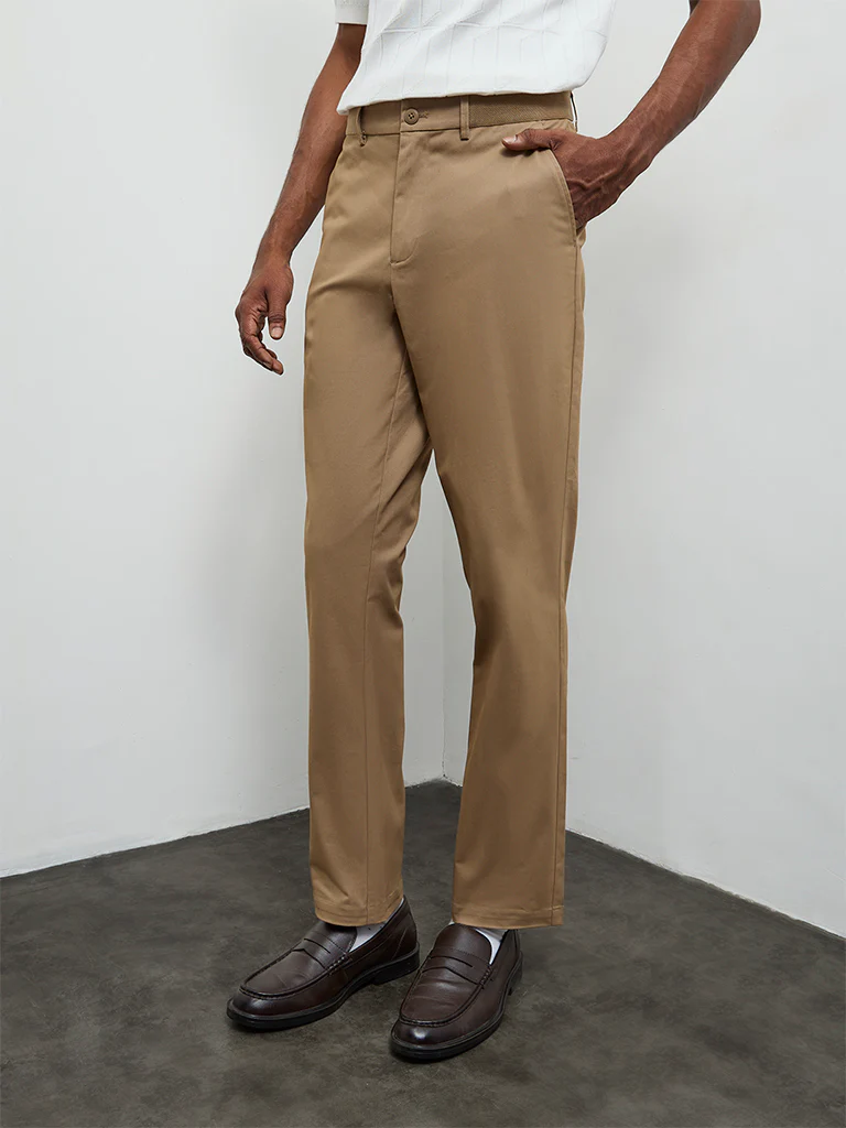 Ascot Taupe Relaxed-Fit Mid-Rise Cotton-Blend Trousers - Image 3