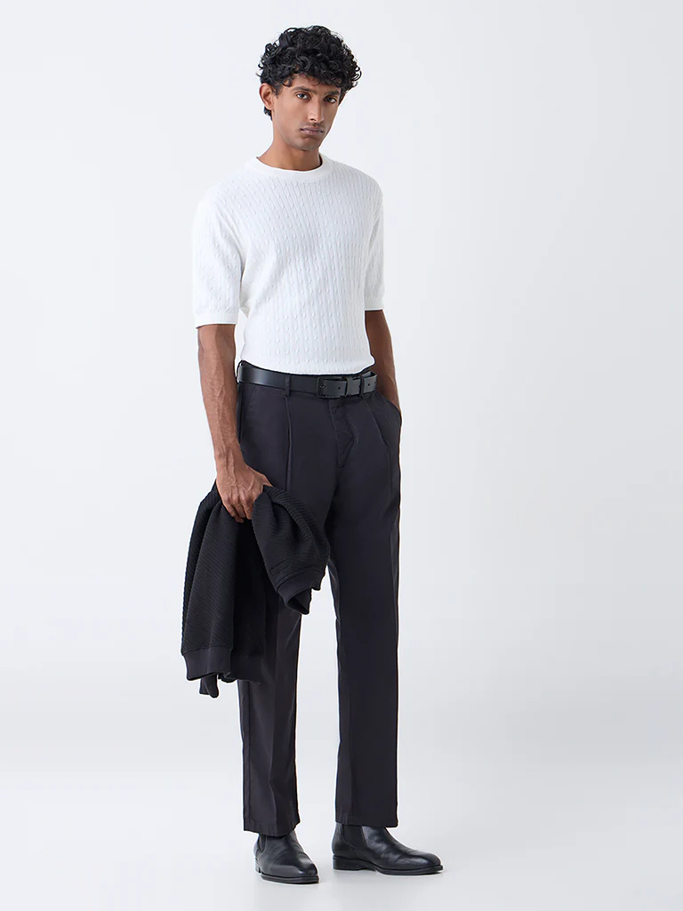 Ascot White Cable Knit Relaxed-Fit Cotton T-Shirt - Image 2
