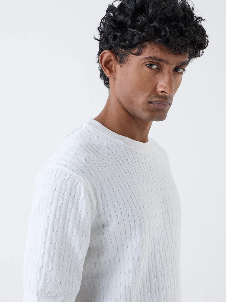 Ascot White Cable Knit Relaxed-Fit Cotton T-Shirt - Image 3