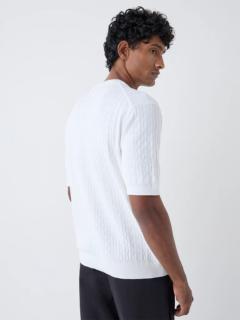 Ascot White Cable Knit Relaxed-Fit Cotton T-Shirt - Image 4