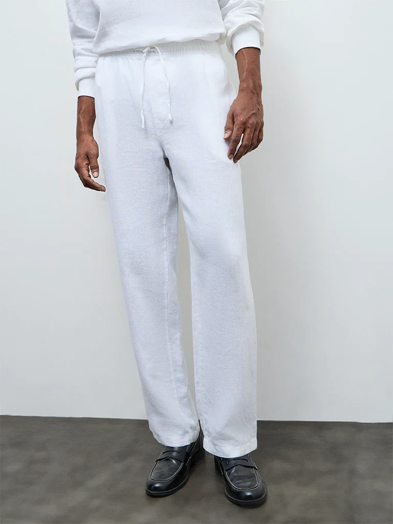 Ascot White Relaxed-Fit Mid-Rise Linen Trousers - Image 3