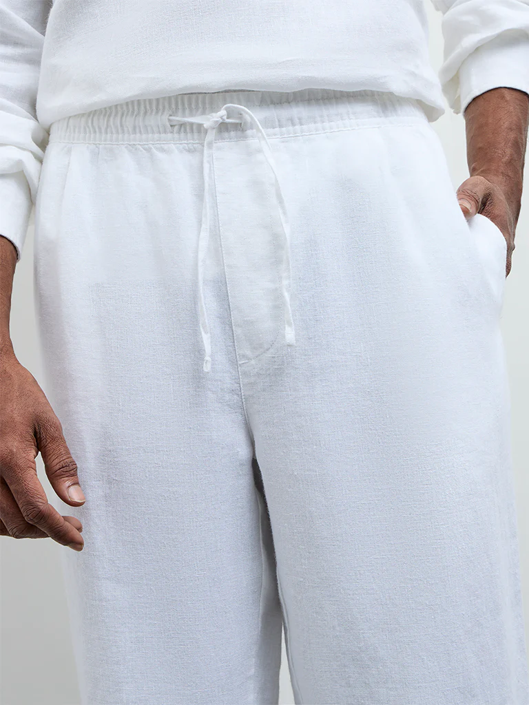 Ascot White Relaxed-Fit Mid-Rise Linen Trousers - Image 4