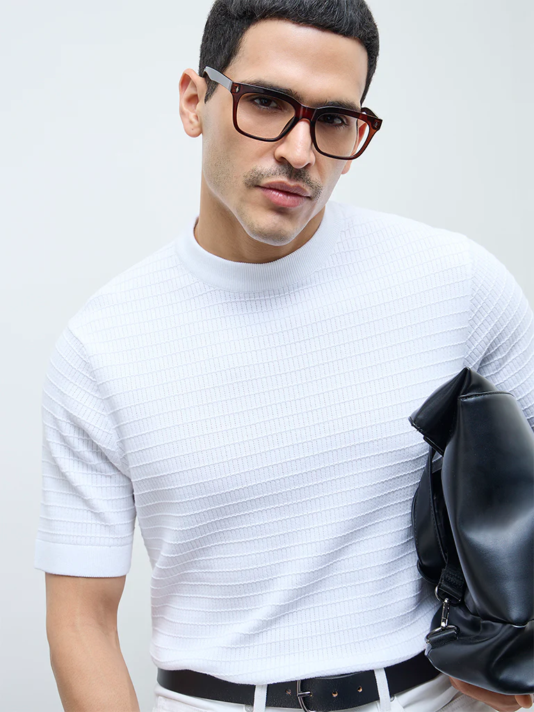 Ascot White Textured Relaxed-Fit Cotton T-Shirt