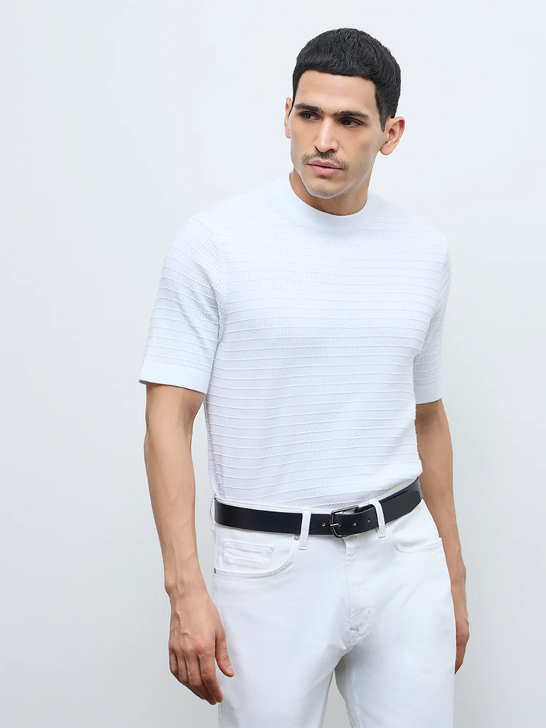 Ascot White Textured Relaxed-Fit Cotton T-Shirt - Image 4