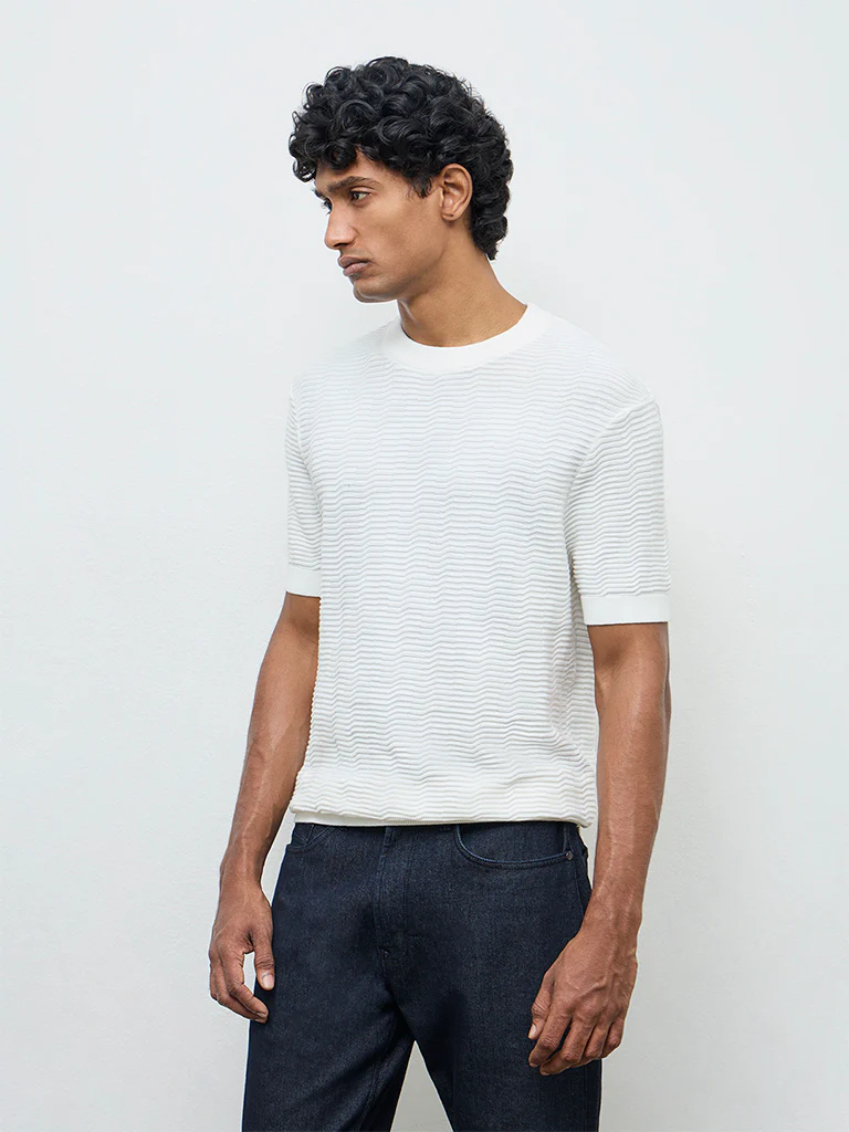 Ascot White Textured Relaxed-Fit Cotton T-Shirt - Image 2