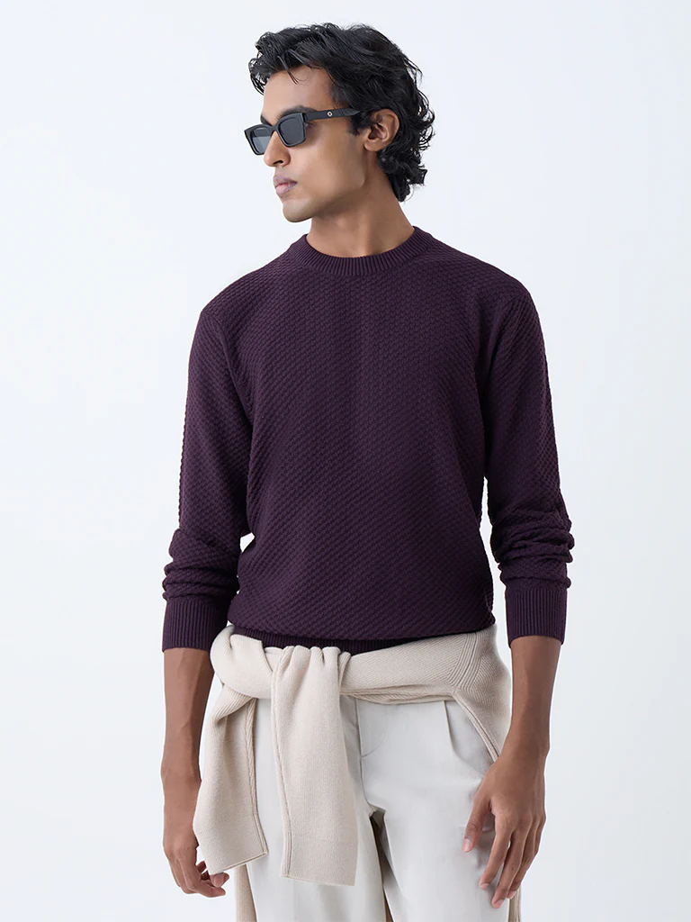 Ascot Wine Knit-Textured Relaxed-Fit Cotton-Blend Sweater