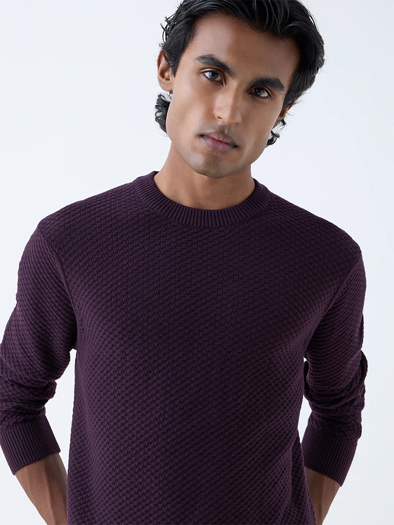 Ascot Wine Knit-Textured Relaxed-Fit Cotton-Blend Sweater - Image 4