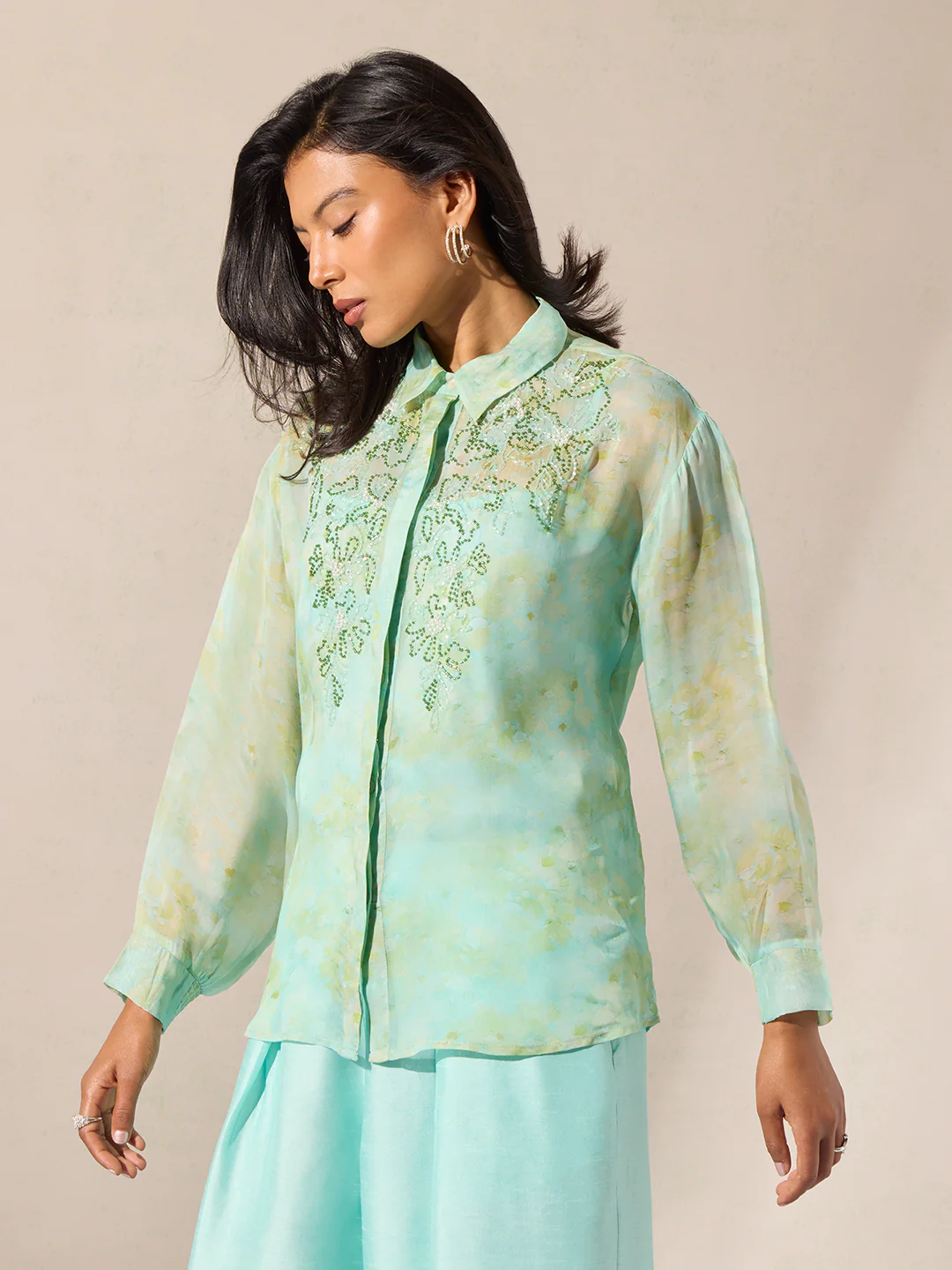 Blue Embellished Shirt with Camisole - Image 2