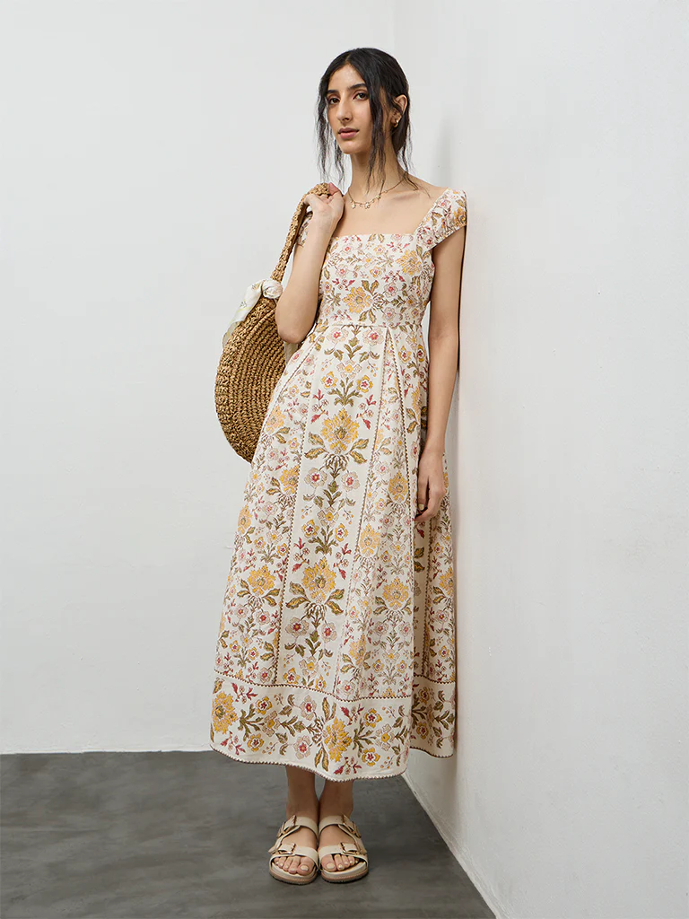 Bombay Paisley Beige Floral Printed Cotton A-Line Dress - Image 2