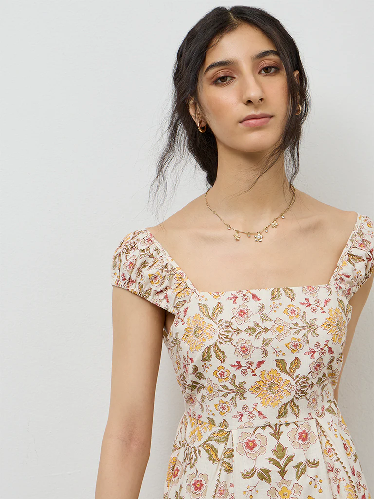 Bombay Paisley Beige Floral Printed Cotton A-Line Dress - Image 3