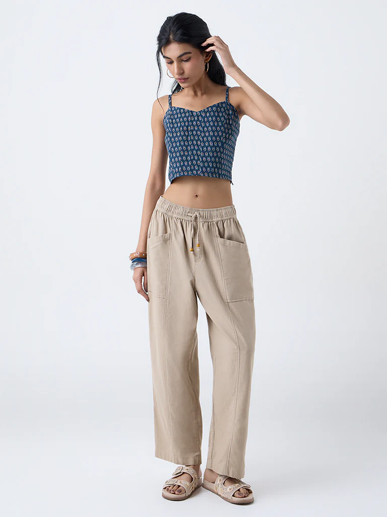 Bombay Paisley Beige Solid Cotton-Blend Pants