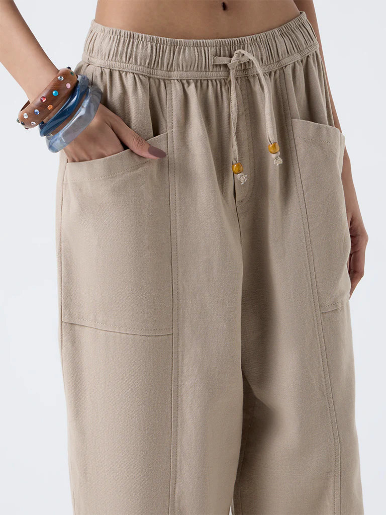 Bombay Paisley Beige Solid Cotton-Blend Pants - Image 3