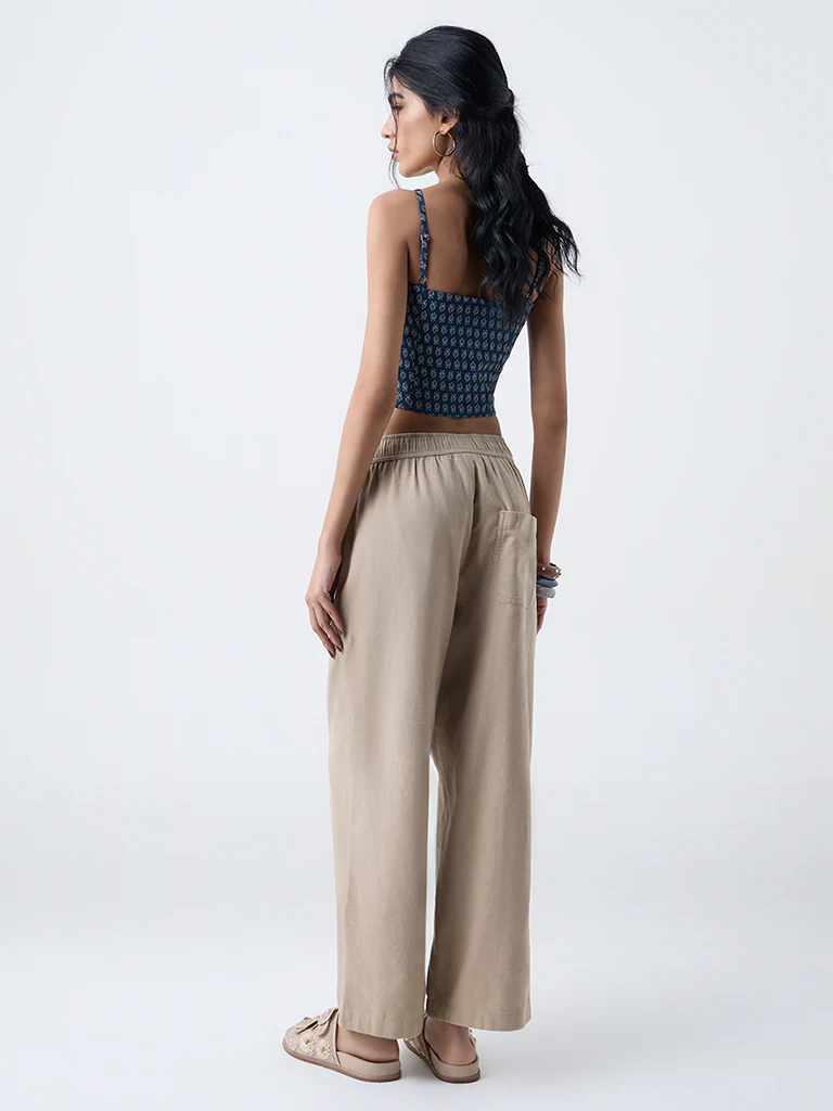 Bombay Paisley Beige Solid Cotton-Blend Pants - Image 4