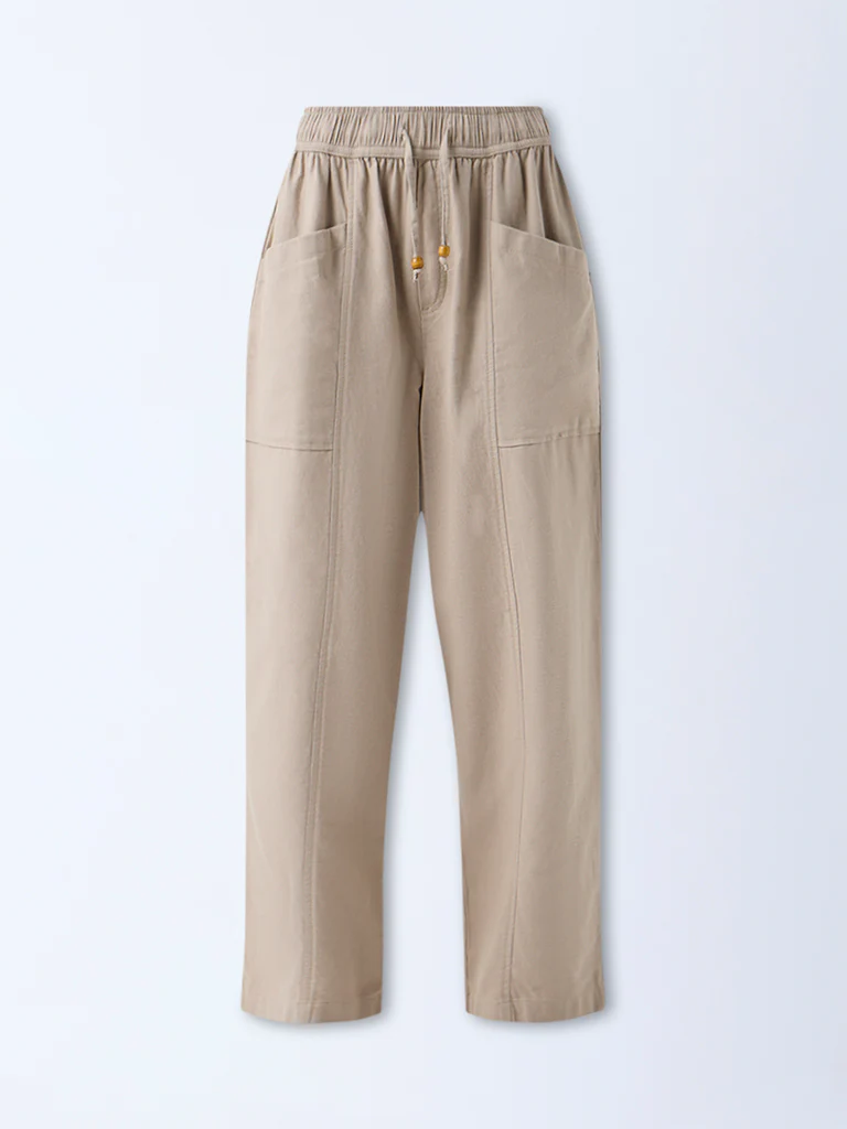Bombay Paisley Beige Solid Cotton-Blend Pants - Image 5