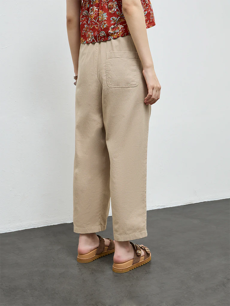 Bombay Paisley Beige Solid Cotton-Blend Pants - Image 4