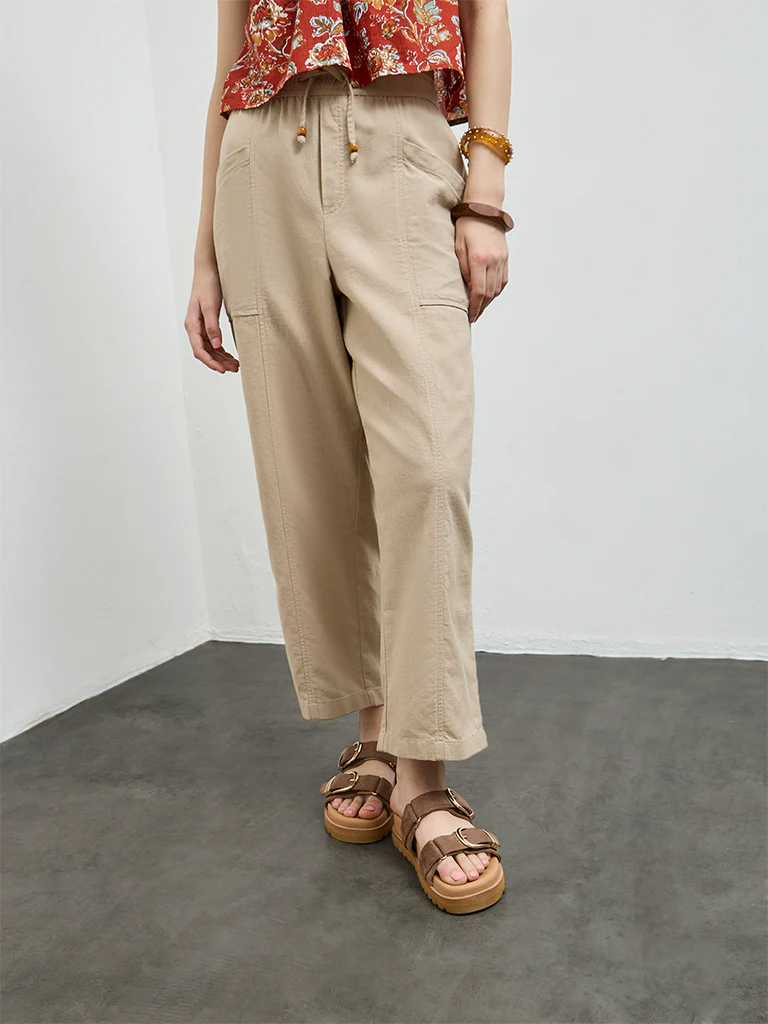 Bombay Paisley Beige Solid Cotton-Blend Pants - Image 2