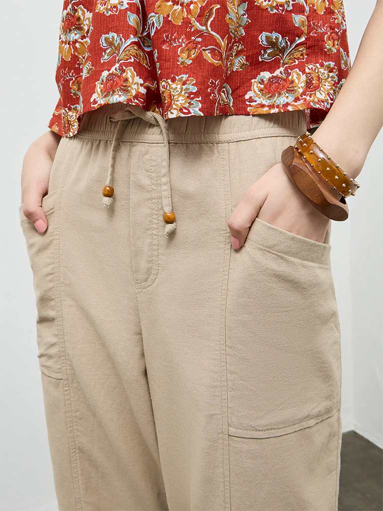 Bombay Paisley Beige Solid Cotton-Blend Pants - Image 3