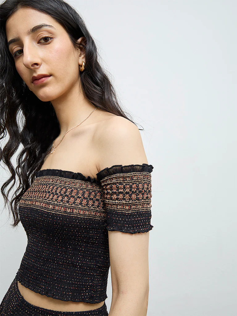 Bombay Paisley Black Badla Printed Smocked Cotton Top - Image 3