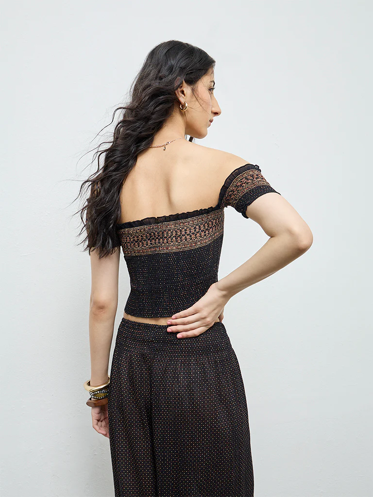 Bombay Paisley Black Badla Printed Smocked Cotton Top - Image 4
