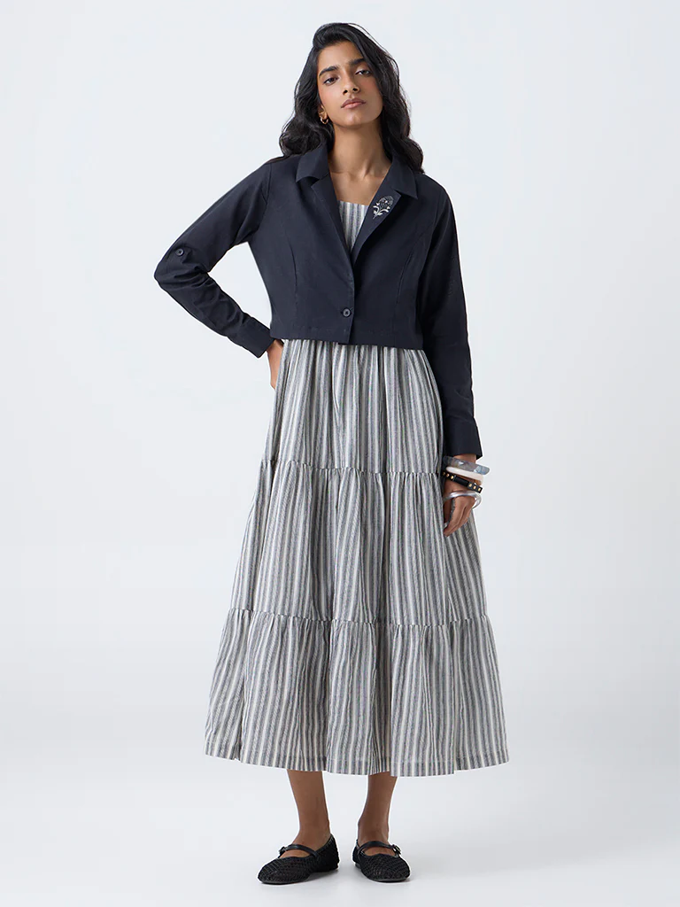 Bombay Paisley Black Cotton Tiered Dress with Jacket - Image 2