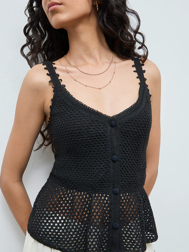 Bombay Paisley Black Crochet-Knit Cotton Peplum Top - Image 3