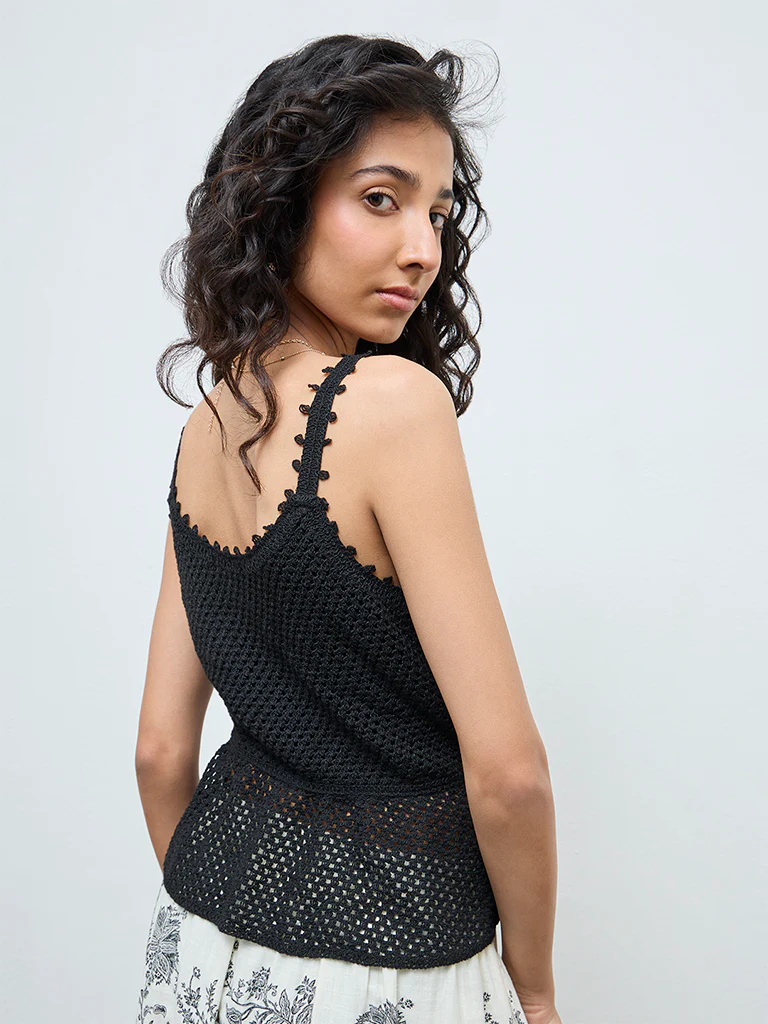 Bombay Paisley Black Crochet-Knit Cotton Peplum Top - Image 4