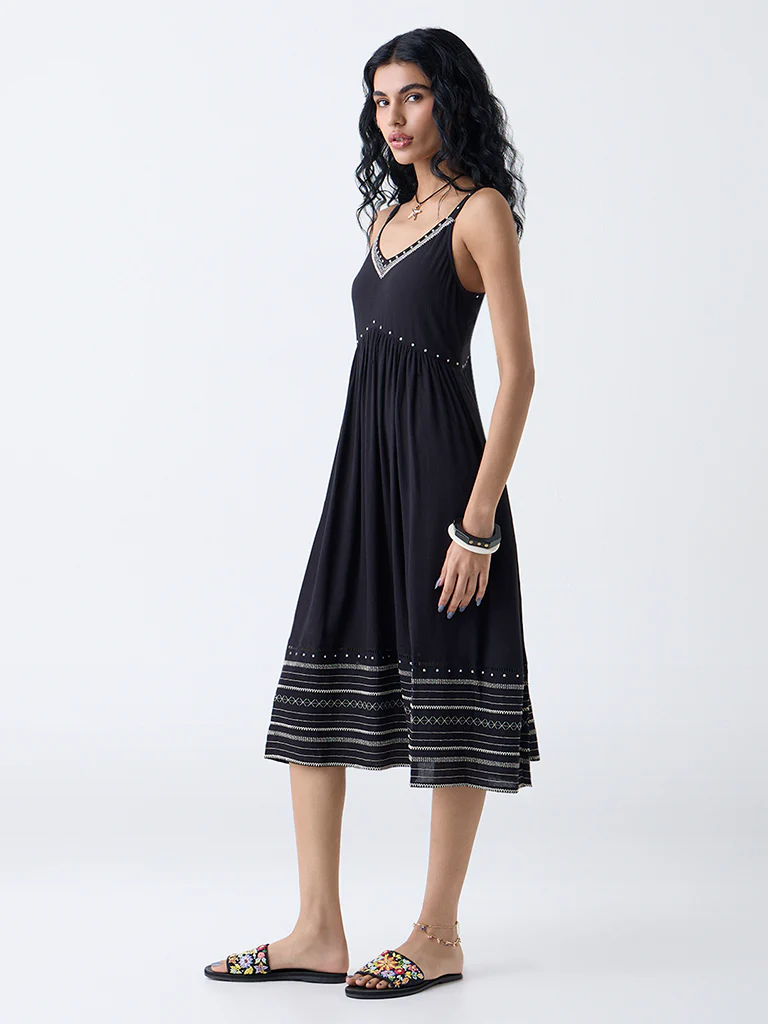 Bombay Paisley Black Embroidered A-Line Dress - Image 2